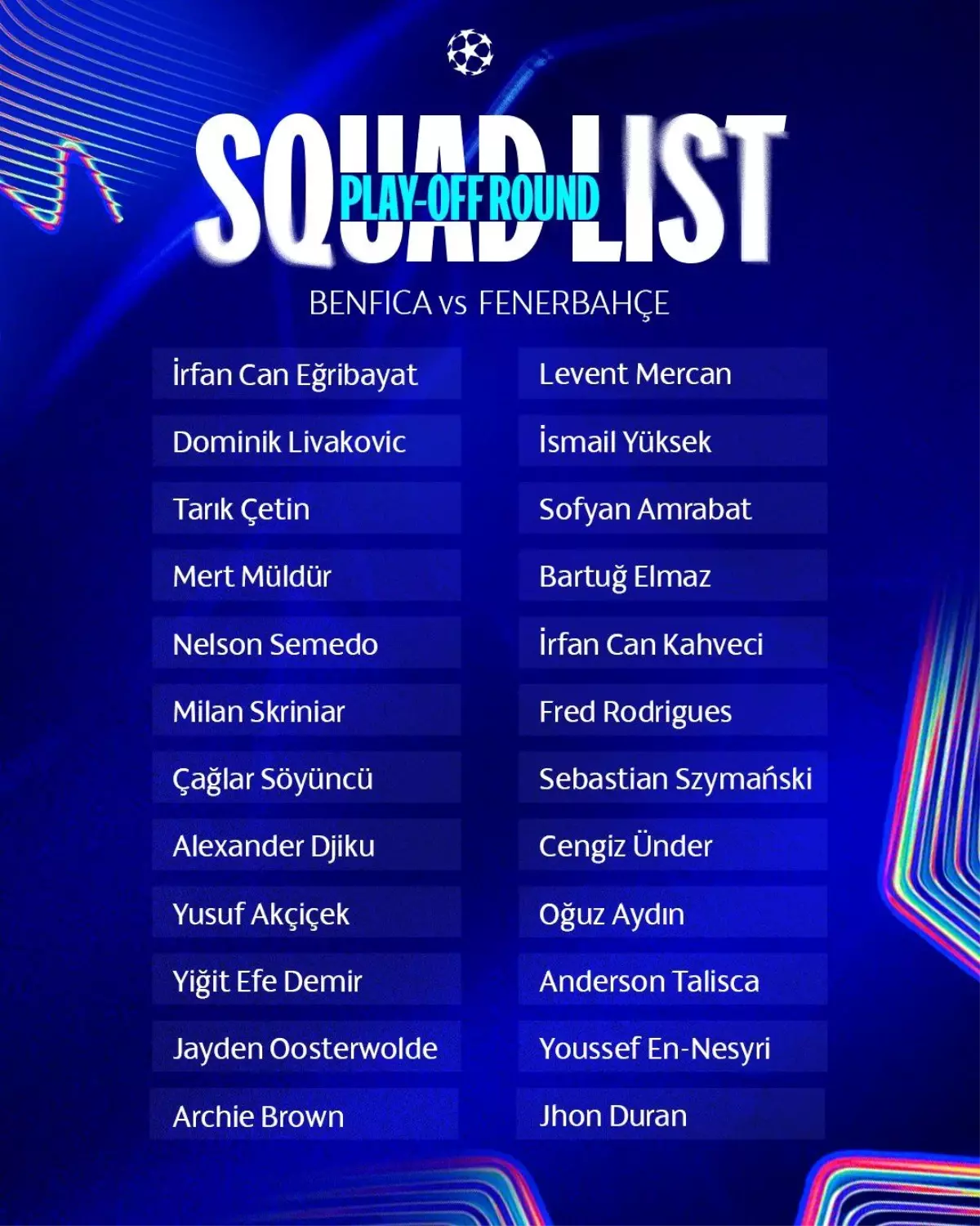 Fenerbahçe&apos;nin Benfica Maçı İçin Kamp Kadrosu Belli Oldu