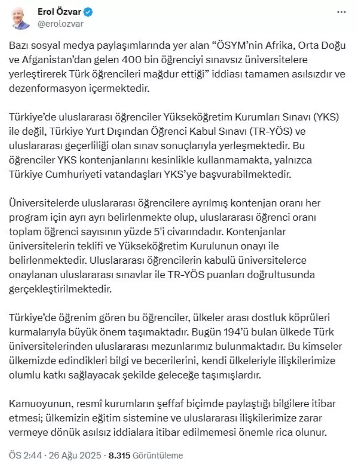 YÖK Başkanı Özvar: Uluslararası Öğrenciler YKS ile Değil, TR-YÖS ile Yerleşiyor