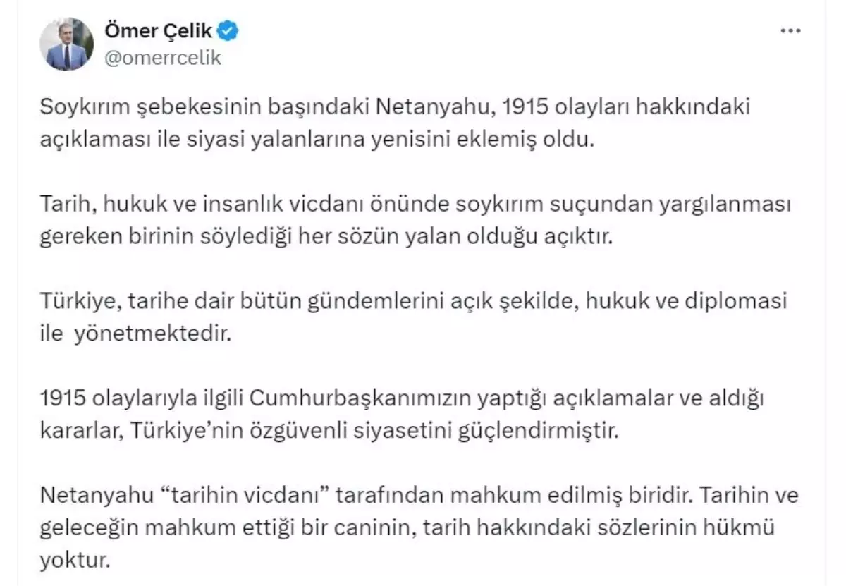 AK Parti Sözcüsü Çelik'ten Netanyahu'ya Sert Tepki