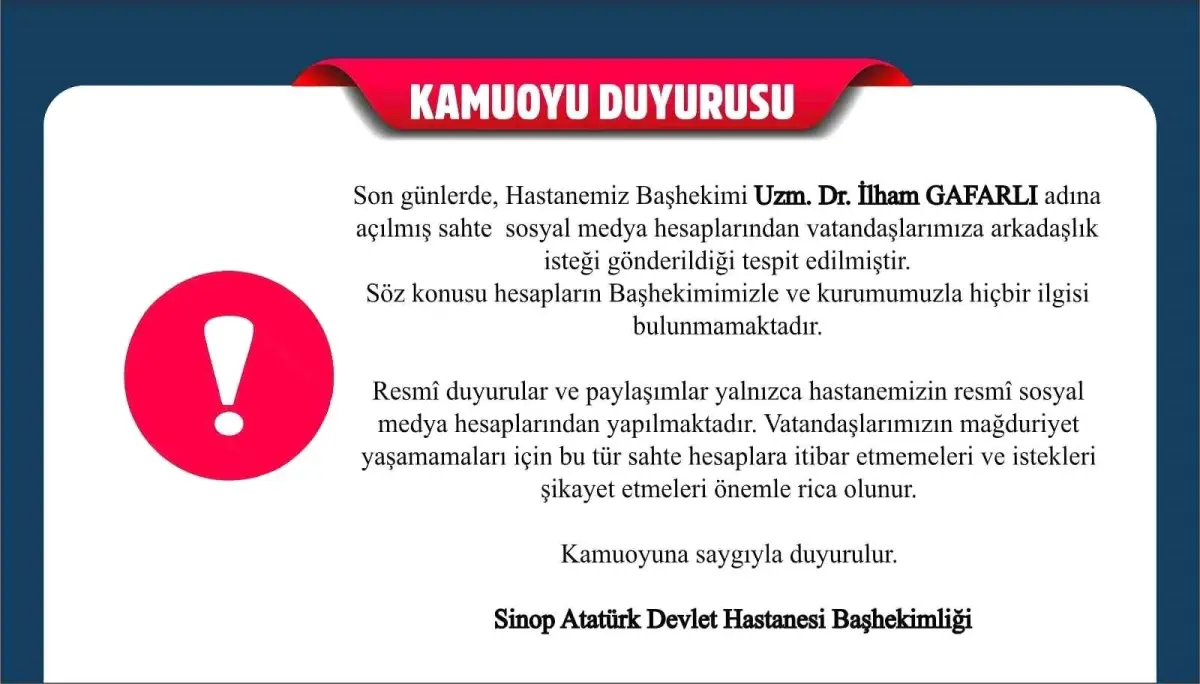 Sinop Hastanesinden Sahte Hesap Uyarısı