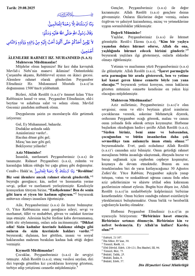 29 Ağustos Cuma Hutbesi yayınlandı mı?