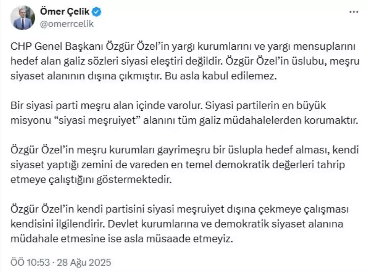 Ömer Çelik'ten Özgür Özel'e Sert Eleştiri