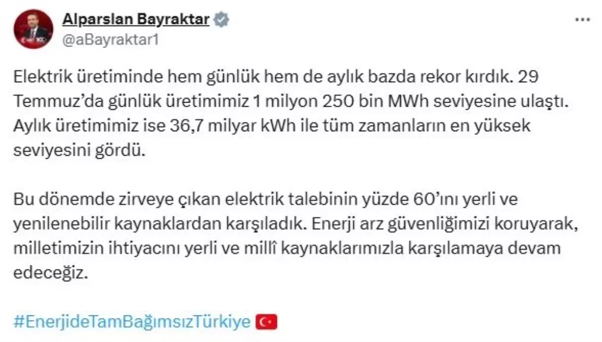 Temmuz Ayında Elektrik Üretiminde Rekor Kırıldı