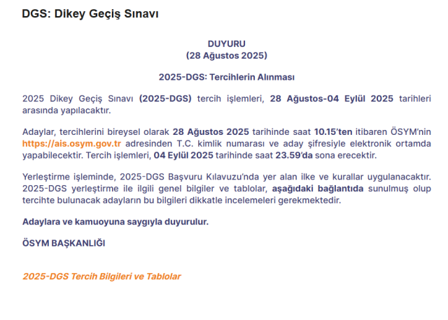 DGS tercih sonuçları ne zaman açıklanacak 2025?