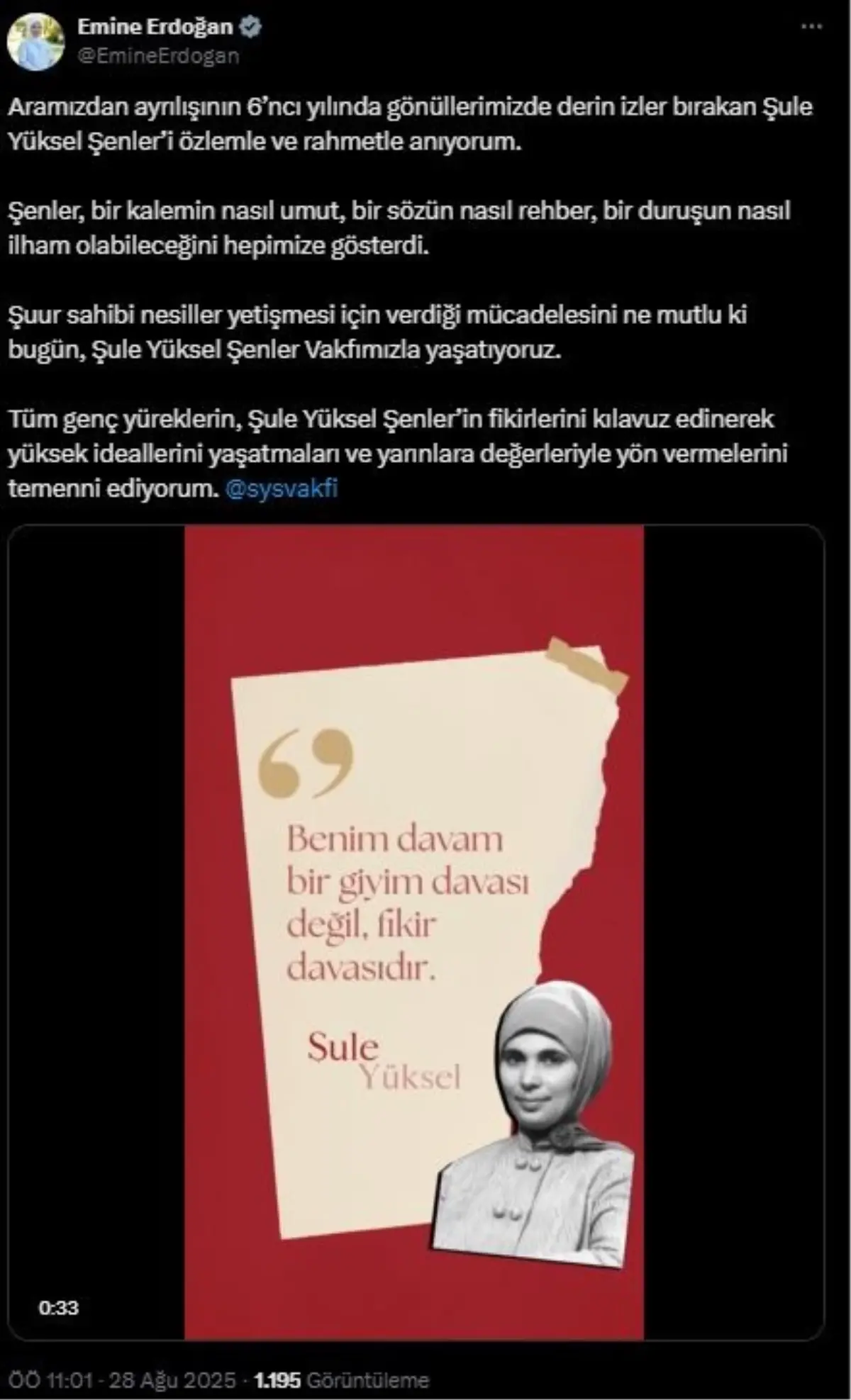 Emine Erdoğan, Şule Yüksel Şenler'i vefatının 6. yılında anma mesajı paylaştı