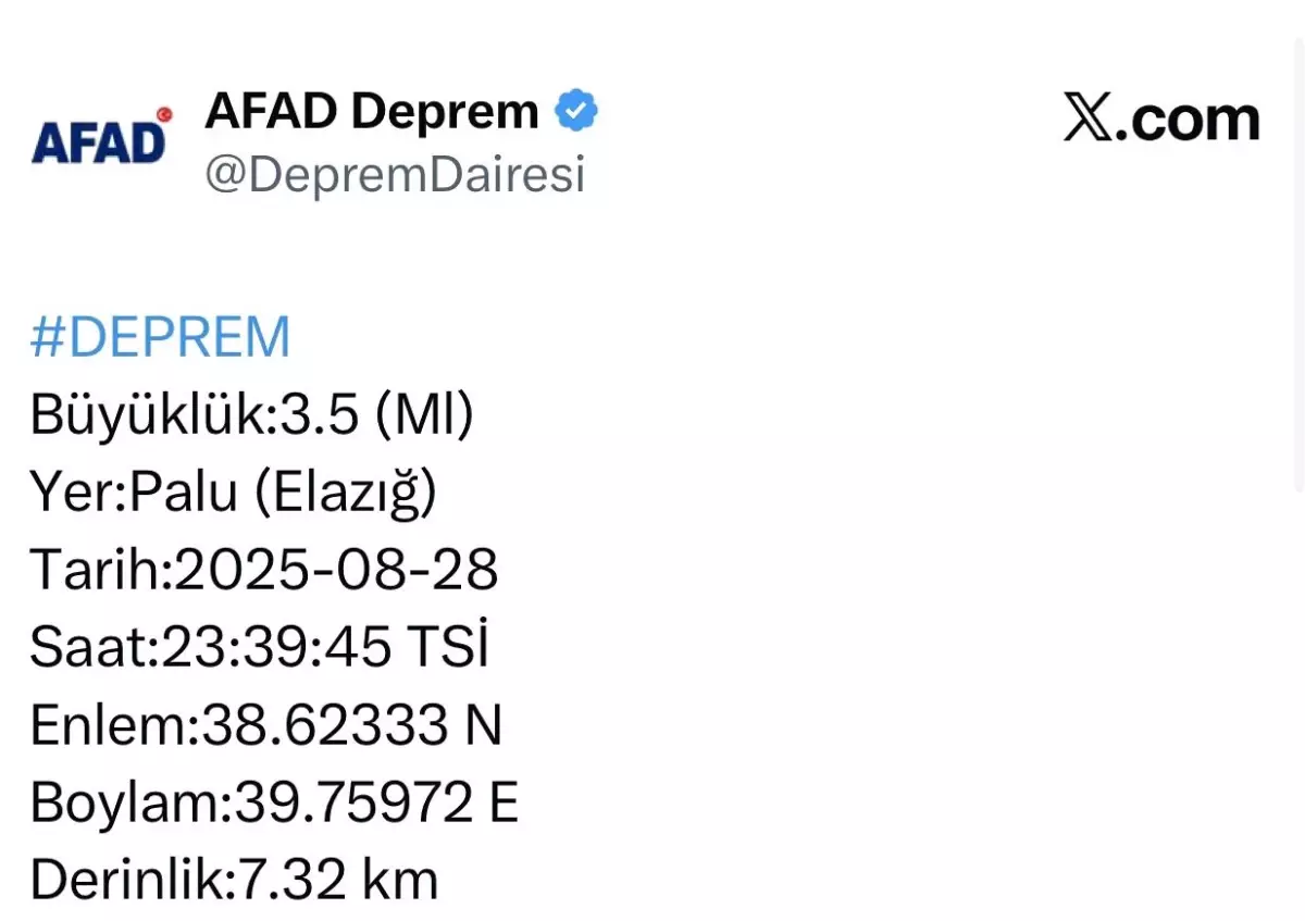 Elazığ'ın Palu ilçesinde 3.5 büyüklüğünde deprem