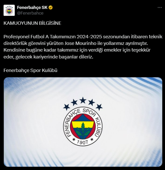 Fenerbahçe has parted ways with Jose Mourinho
