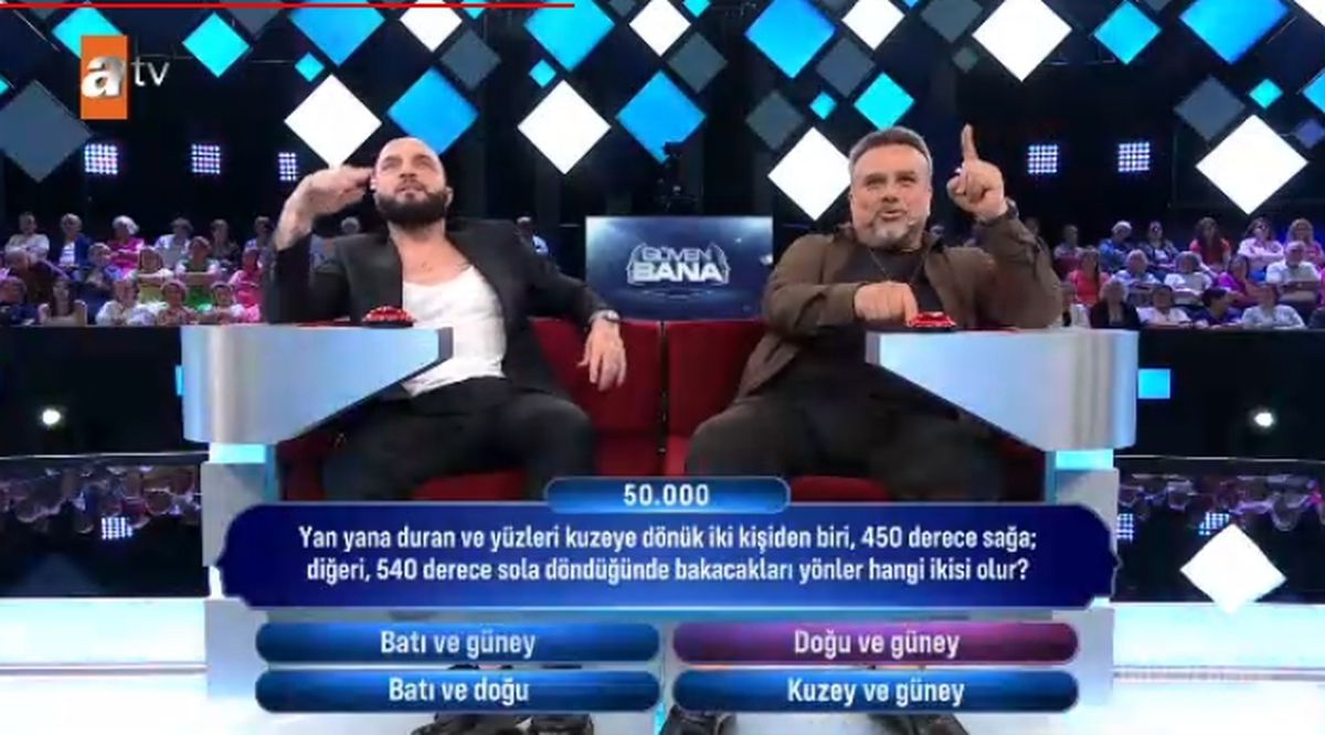 Yan yana duran ve yüzleri kuzeye dönük iki kişiden biri, 450 derece sağa; diğeri, 540 derece sola döndüğünde bakacakları yönler hangi ikisi olur?