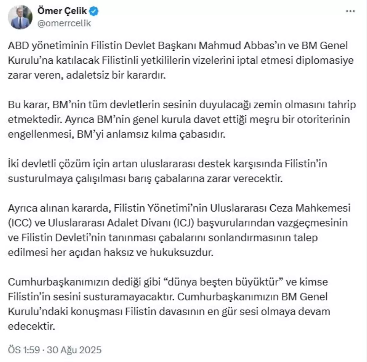 Ömer Çelik: ABD'nin Filistinli Yetkililerin Vizelerini İptal Etmesi Diplomasiye Zarar Veriyor