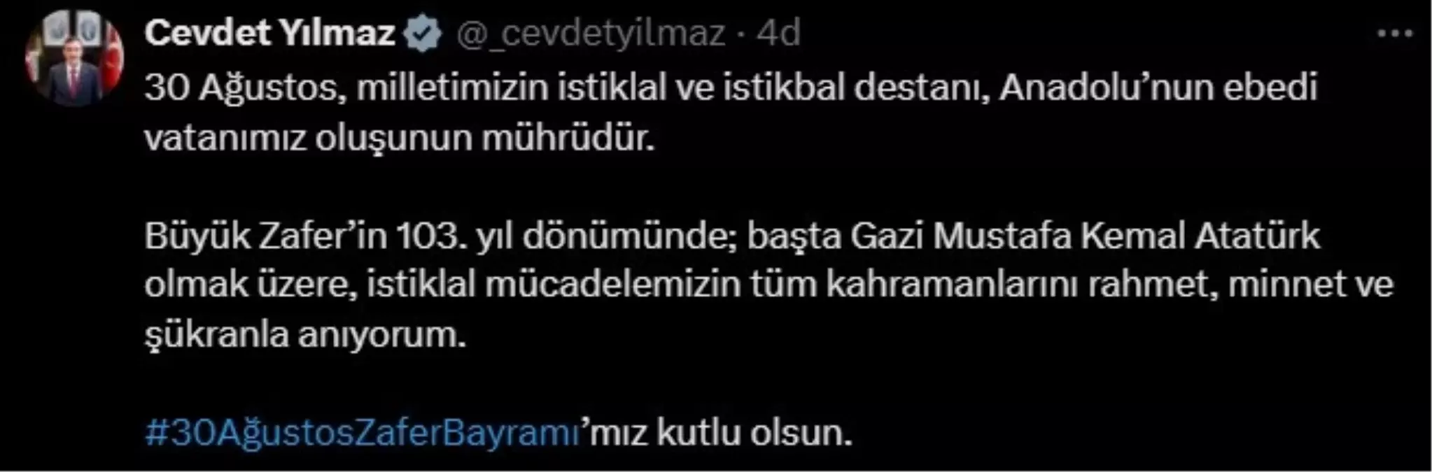 Cevdet Yılmaz'dan 30 Ağustos Zafer Bayramı Mesajı
