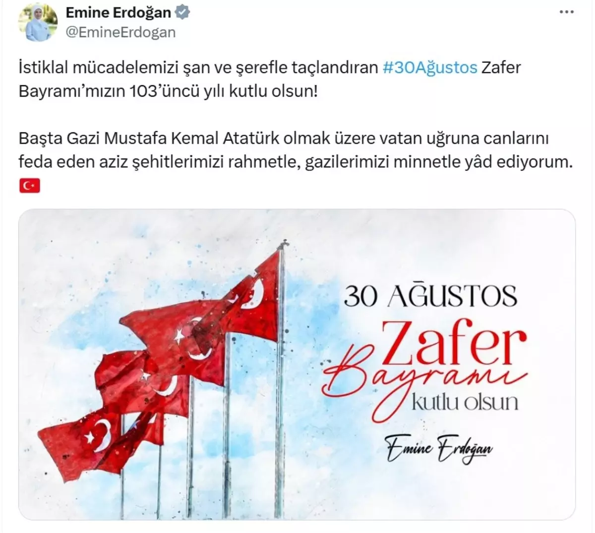 Emine Erdoğan'dan 30 Ağustos Zafer Bayramı Mesajı