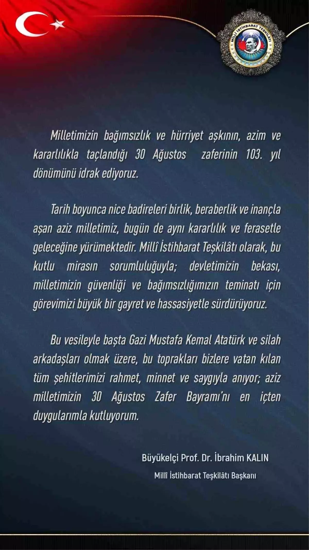 MİT Başkanı Kalın'dan, 30 Ağustos mesajı