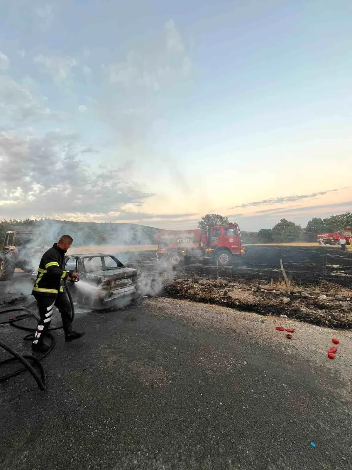 Çanakkale'de Otomobil Yangını Tarla Yangınına Neden Oldu