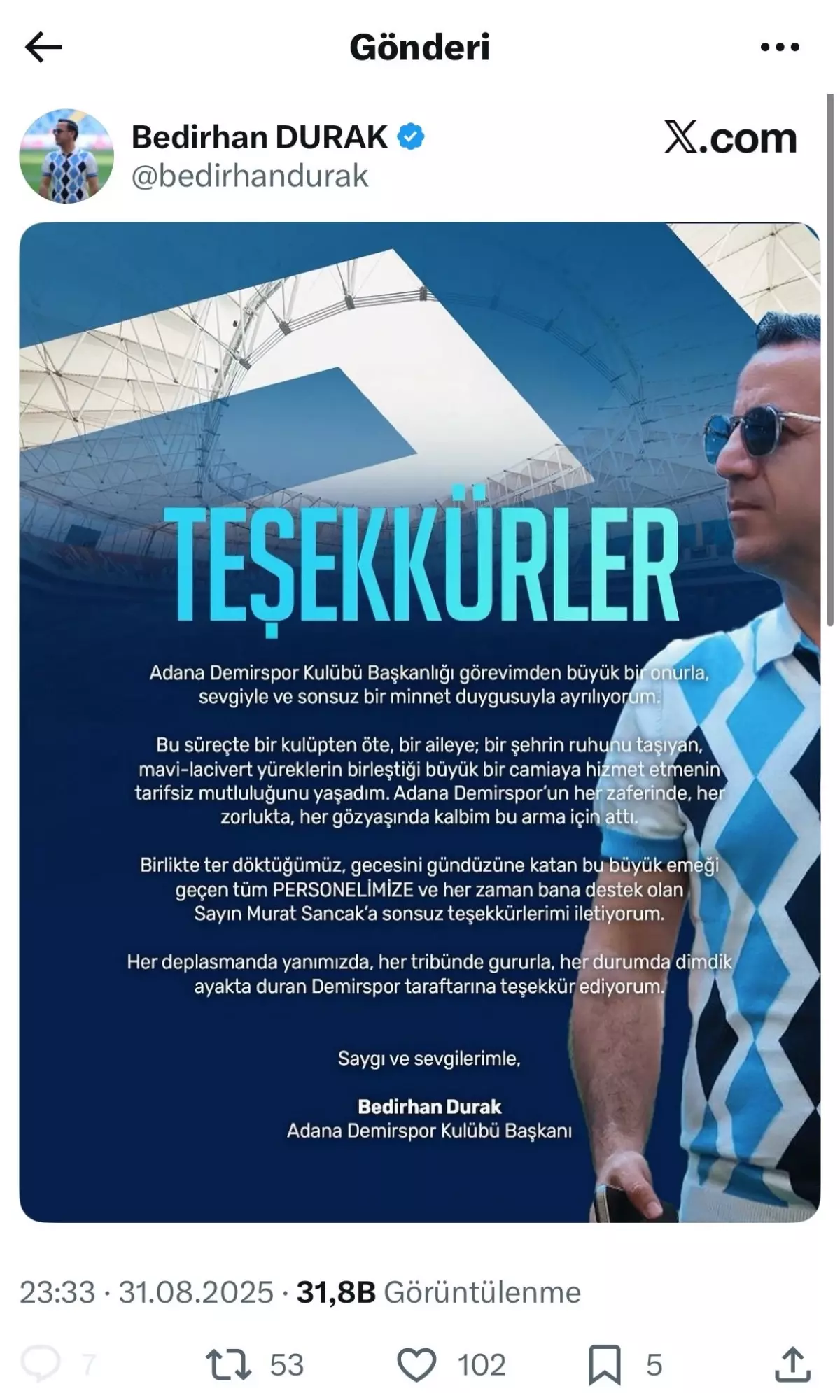 Adana Demirspor Başkanı Bedirhan Durak İstifa Etti