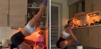 Ebru Şallı hem temizlik hem pilates yaptı