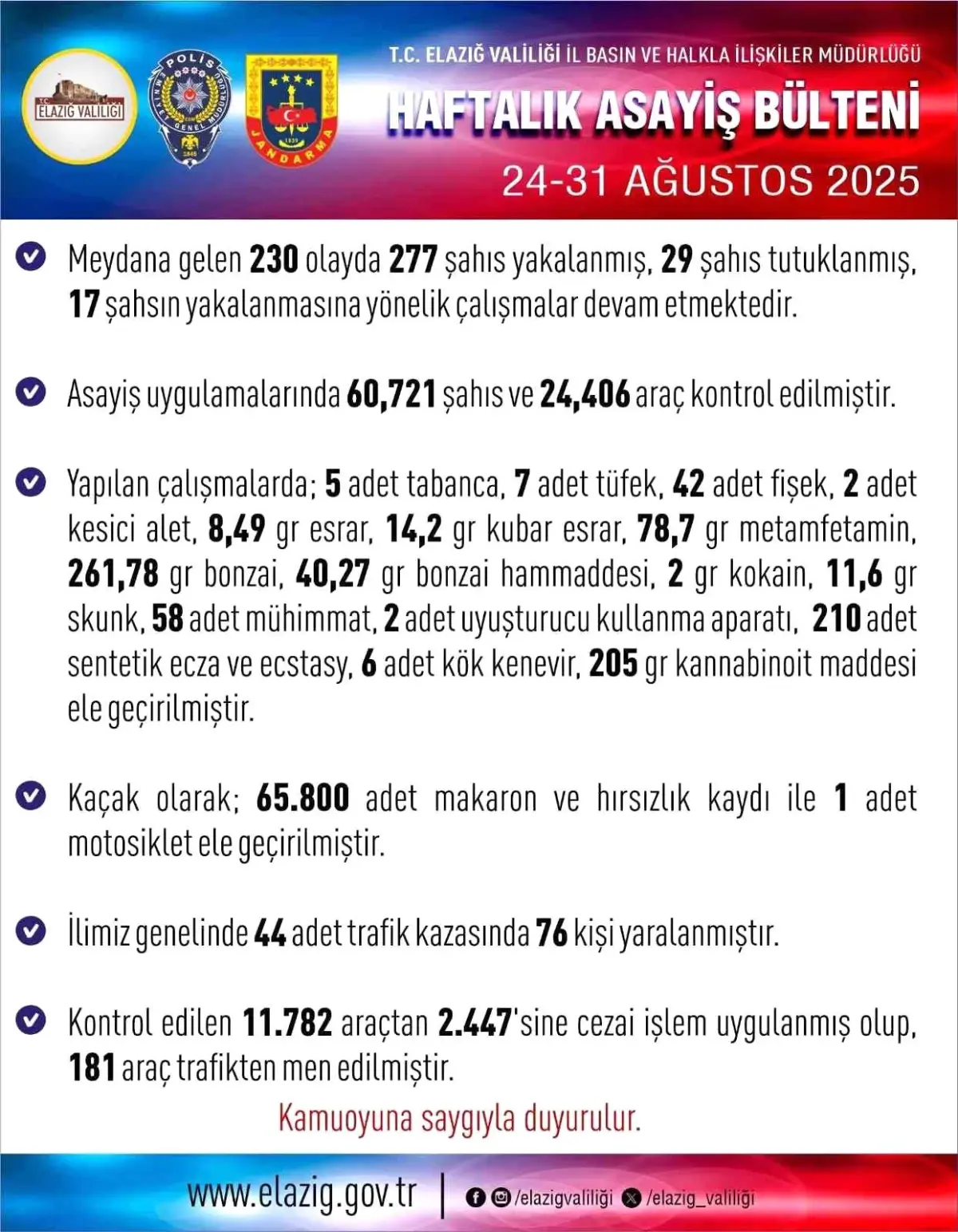 Elazığ'da Asayiş Operasyonları: 277 Gözaltı, 29 Tutuklama