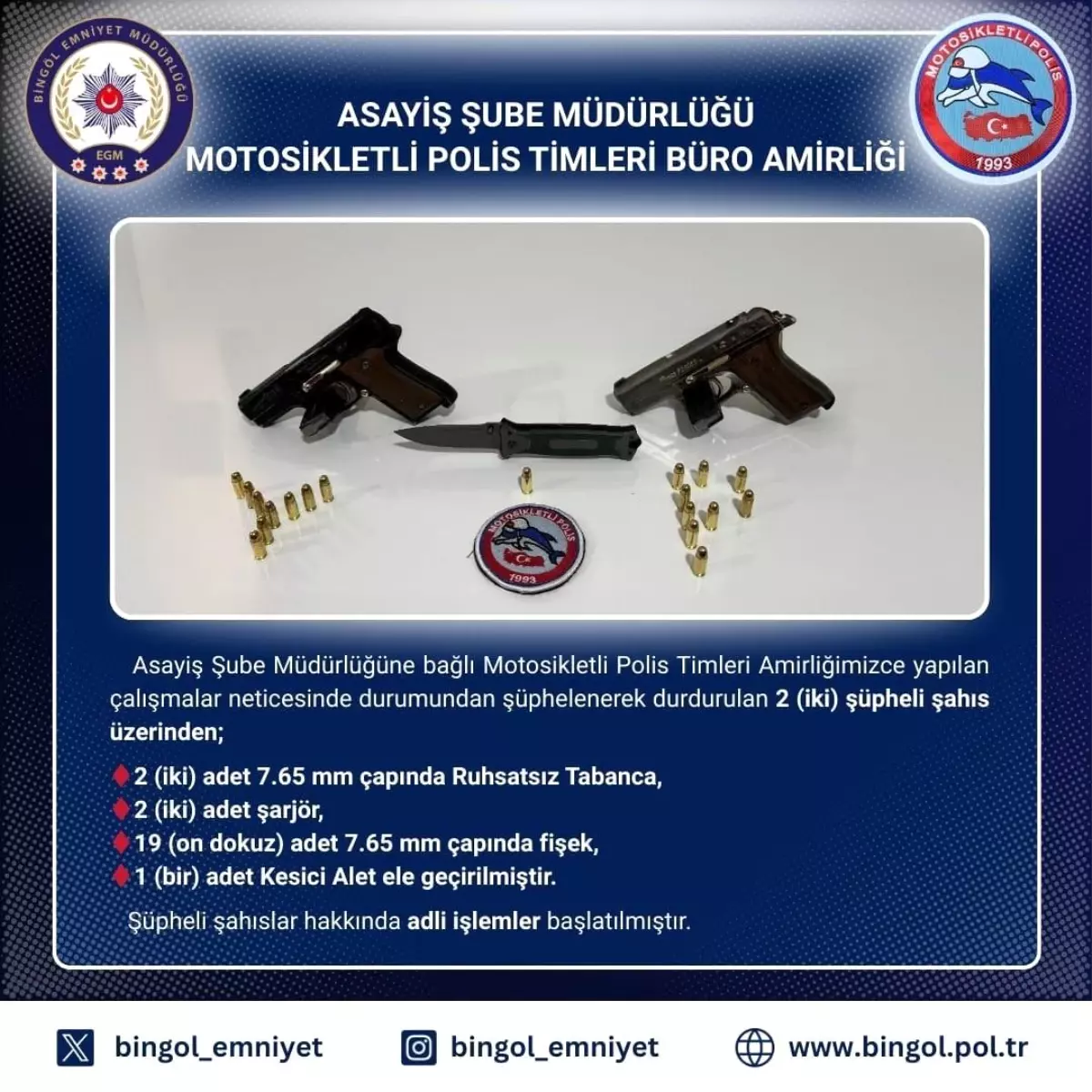 Bingöl'de 2 Ruhsatsız Tabanca Ele Geçirildi