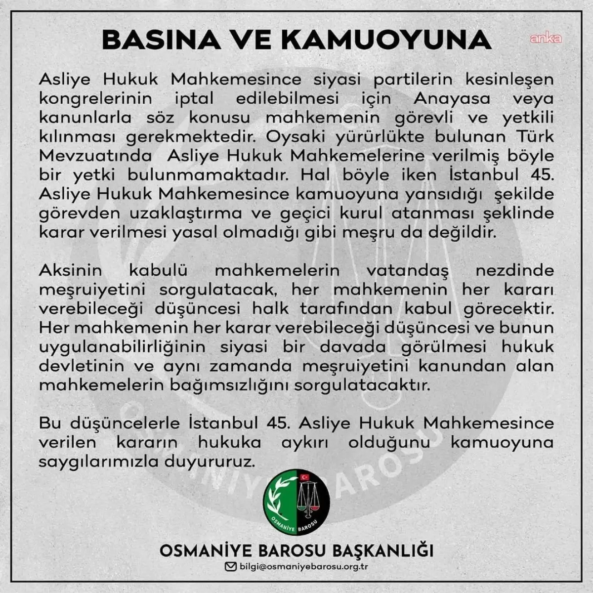 Osmaniye Barosu'ndan CHP Yönetiminin Görevden Uzaklaştırılma Kararına Tepki