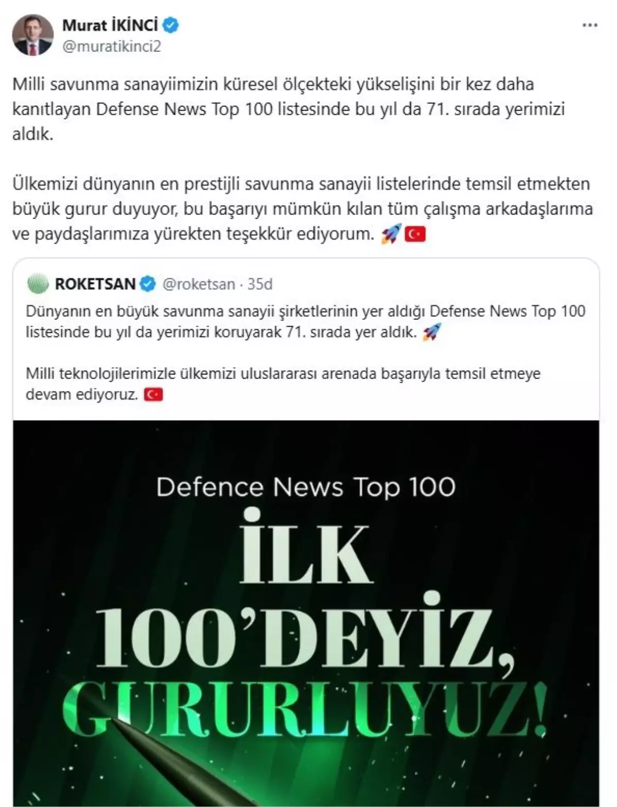 ROKETSAN, Defense News Top 100 Listesi'nde 71. Sırayı Korumayı Başardı