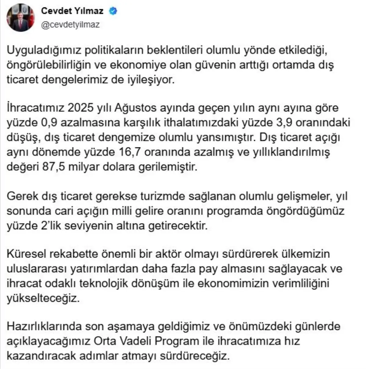 Cevdet Yılmaz: Cari Açık Yıl Sonunda %2'nin Altına İnecek