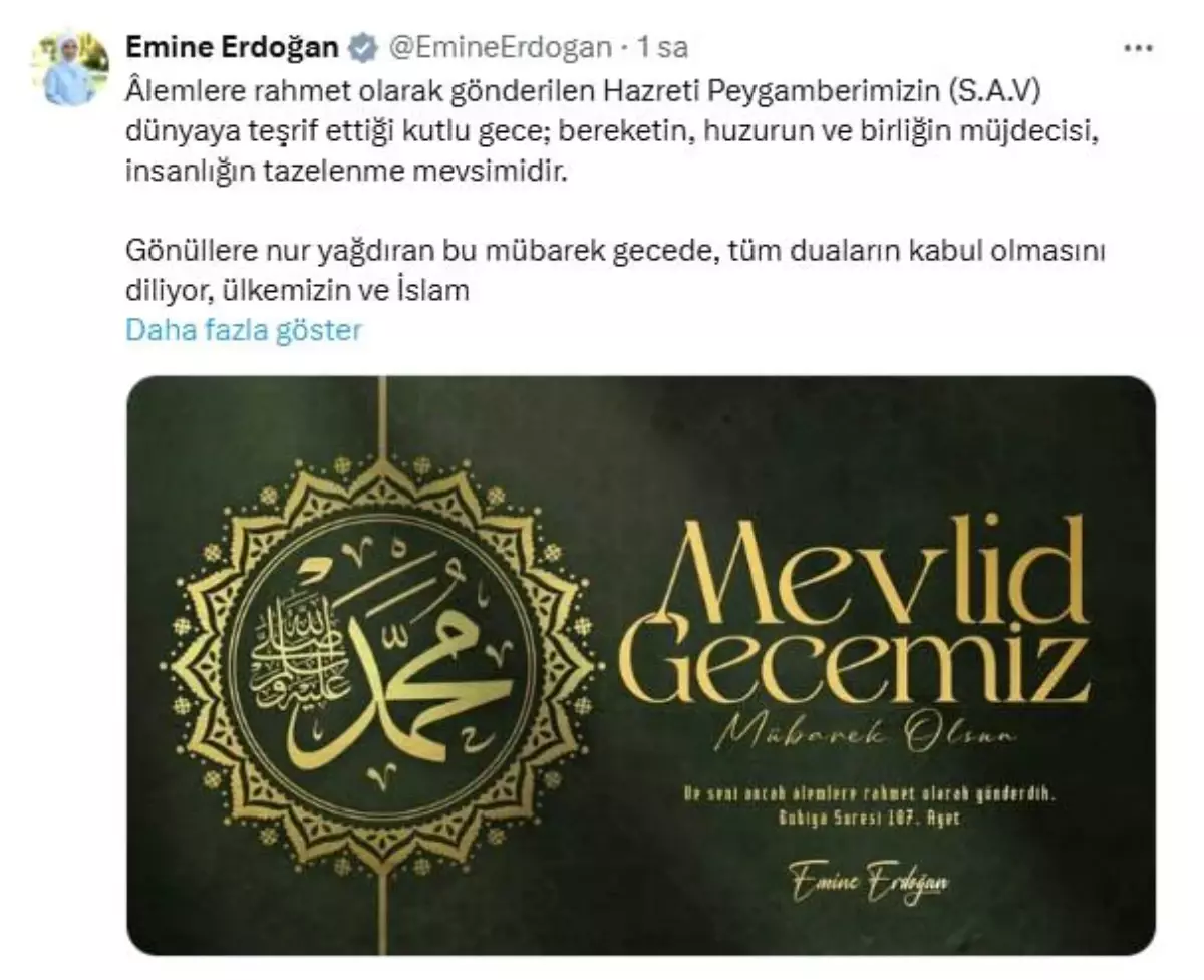 Emine Erdoğan'dan Mevlit Kandili mesajı Açıklaması
