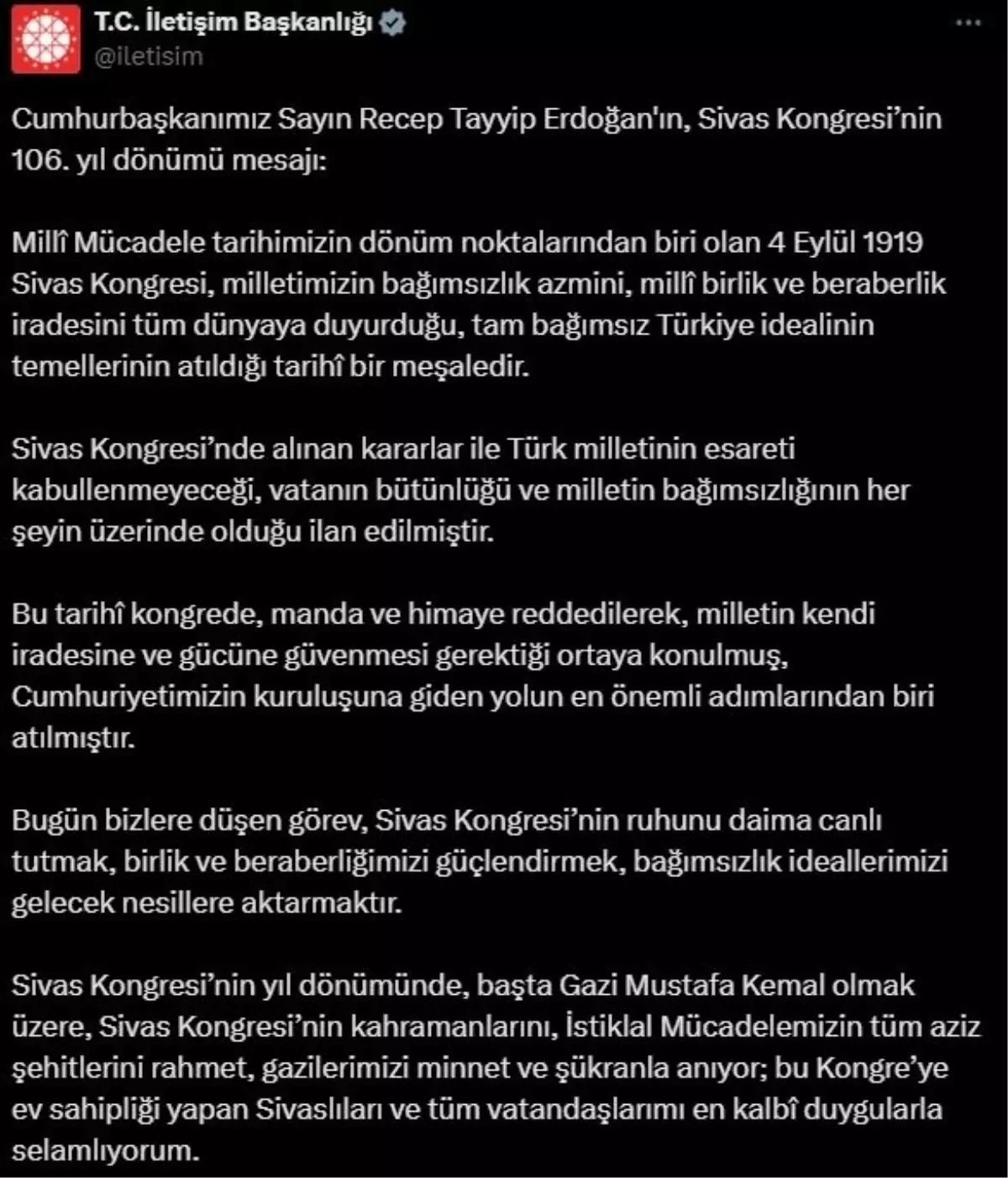 Cumhurbaşkanı Erdoğan'dan Sivas Kongresi mesajı