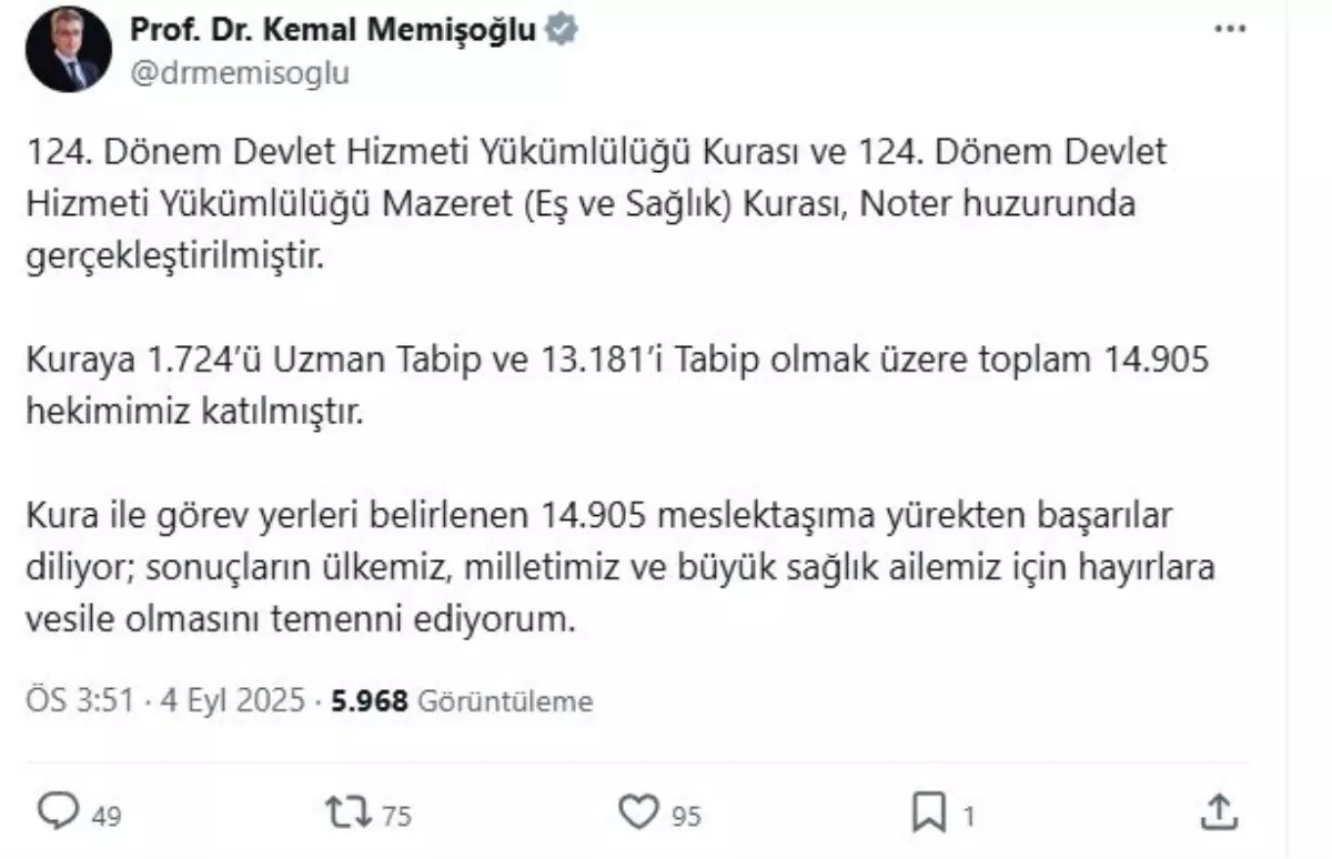 124'üncü Dönem Devlet Hizmeti Yükümlülüğü Kura Sonuçları Açıklandı