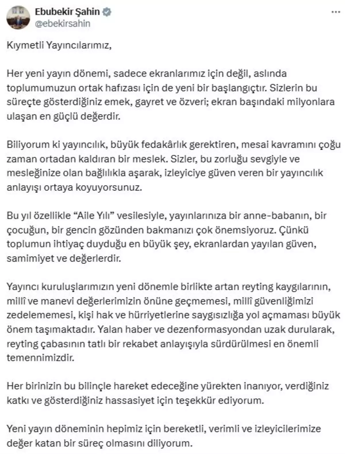 RTÜK Başkanı Şahin'den Yeni Yayın Dönemi Mesajı