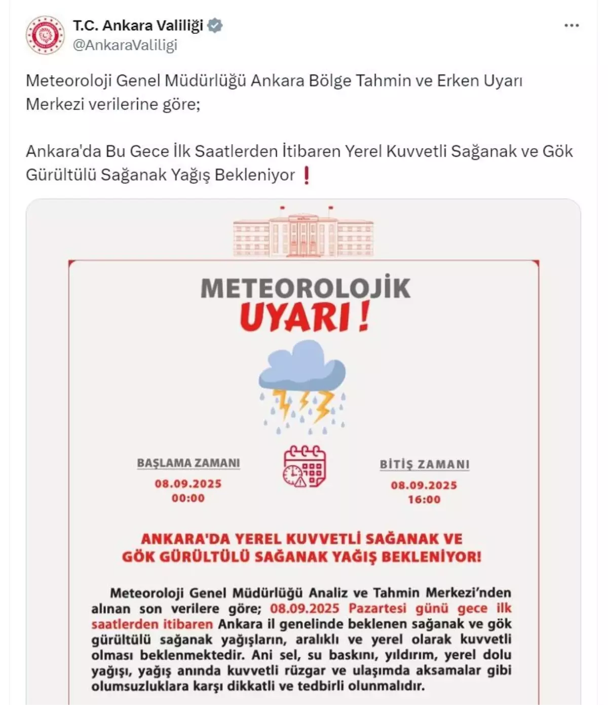 Ankara Valiliği'nden Gök Gürültülü Sağanak Uyarısı