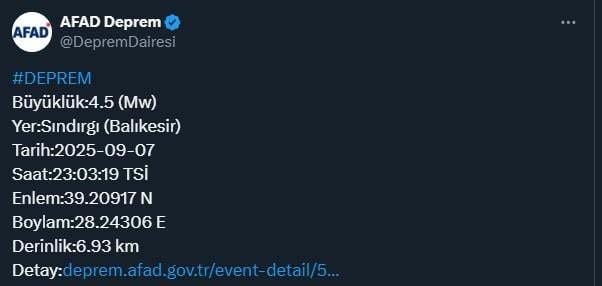 An earthquake of magnitude 4.5 occurred in Balıkesir