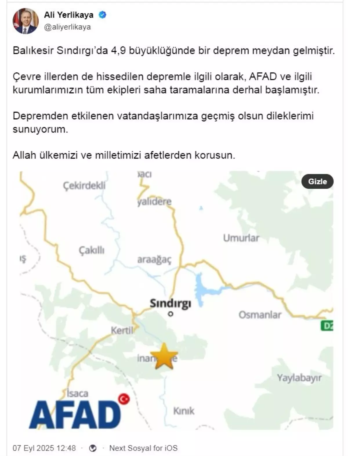 Bakan Yerlikaya'dan Deprem Açıklaması