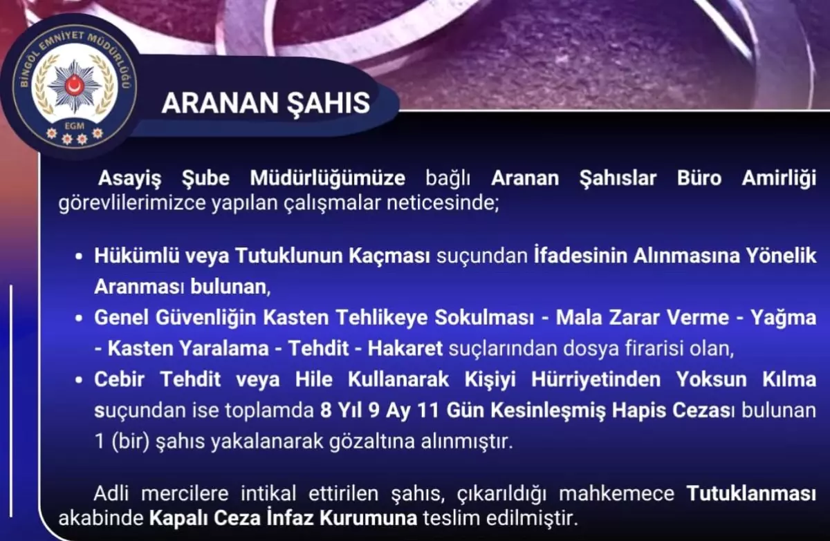 Hapis Cezası Olan Zanlı Bingöl'de Yakalandı