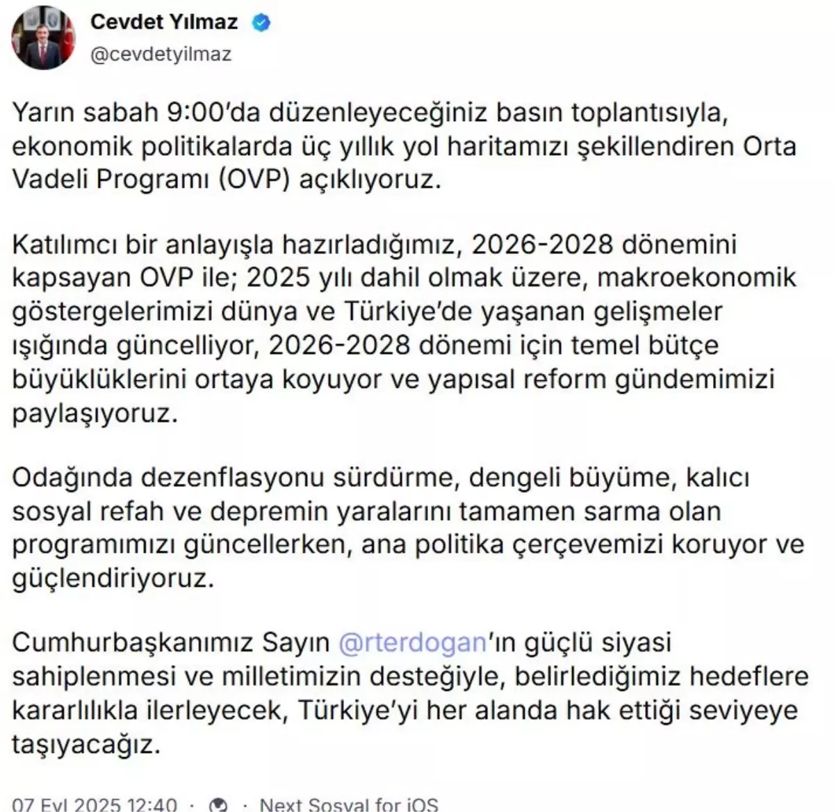 Cumhurbaşkanı Yardımcısı Cevdet Yılmaz'dan Orta Vadeli Program açıklaması