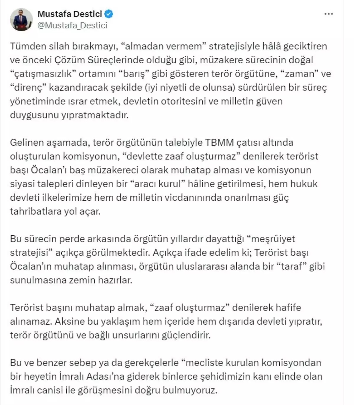 BBP Lideri Destici'den İmralı Açıklaması: 'Öcalan ile Görüşmeye Karşıyız'
