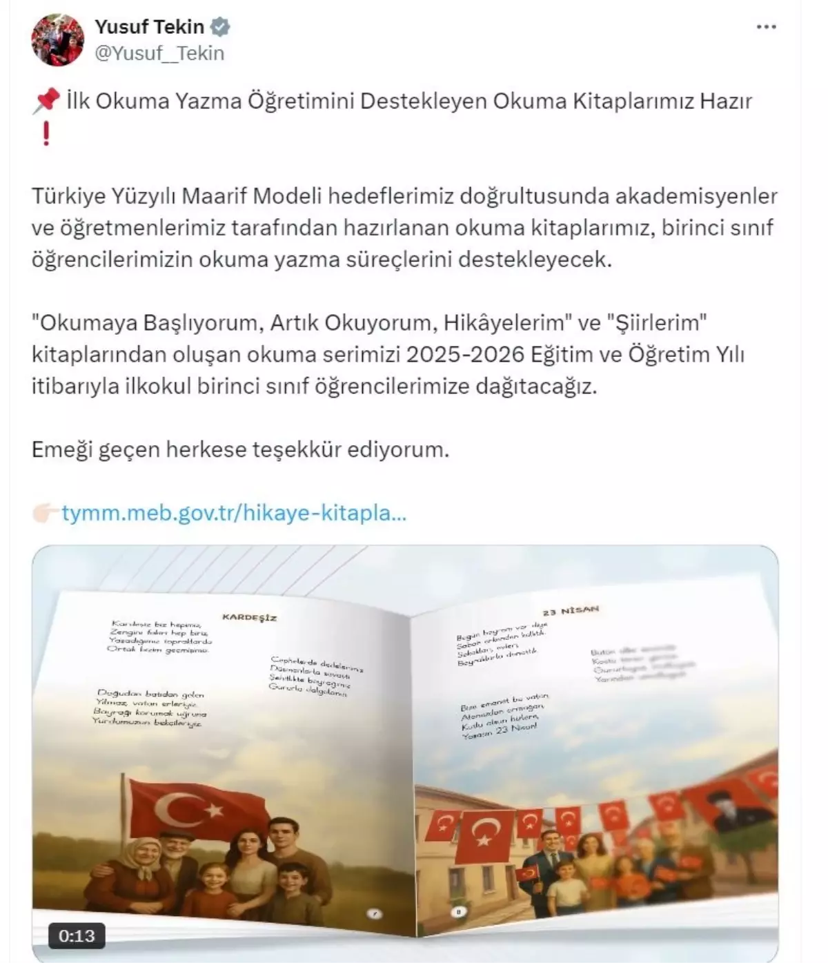 Bakan Tekin, İlkokul Birinci Sınıf Öğrencilerine Okuma Kitapları Dağıtılacağını Duyurdu