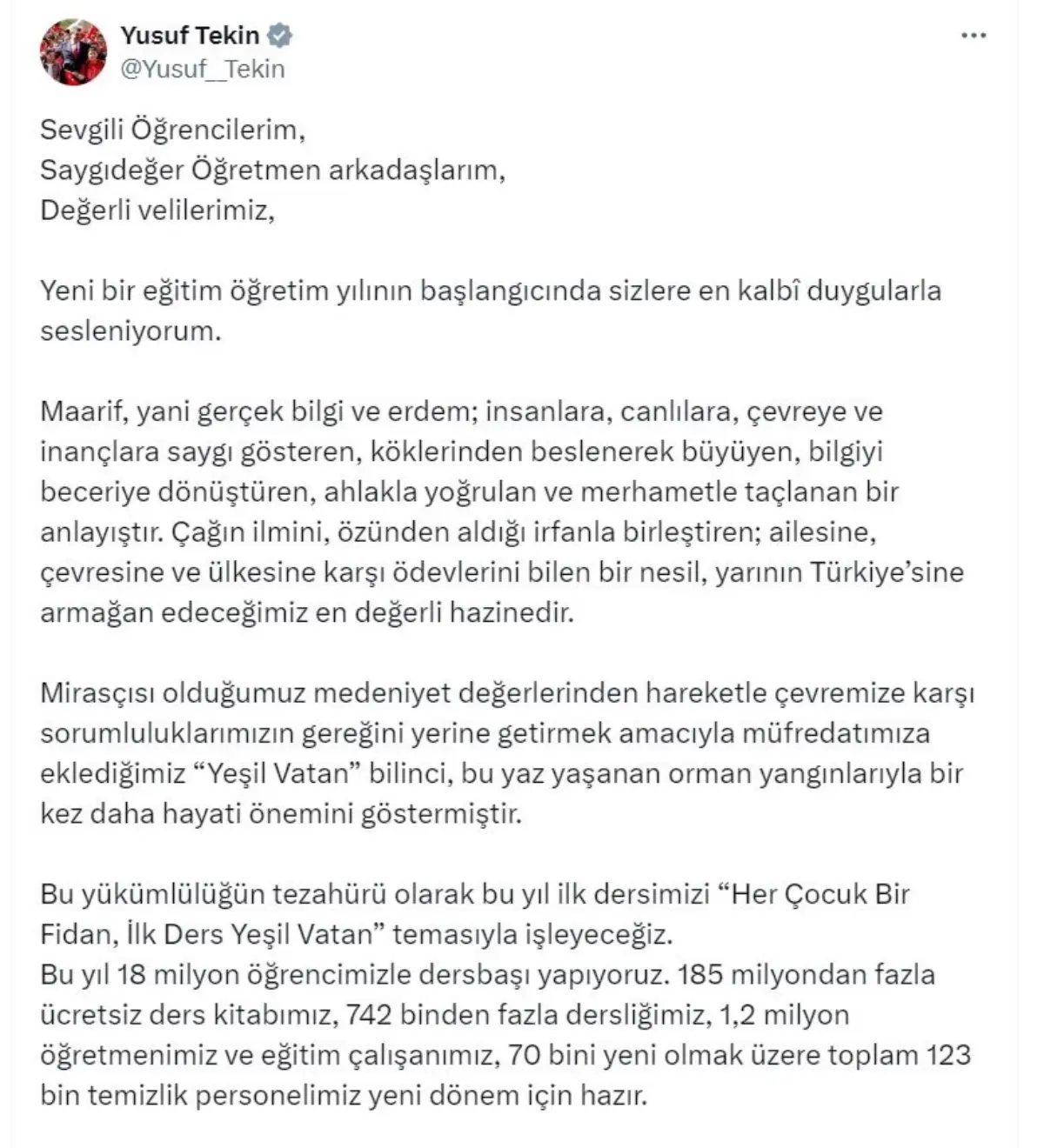 Milli Eğitim Bakanı Tekin: 'Her Çocuk Bir Fidan, İlk Ders Yeşil Vatan' temasıyla ders başı yaptık