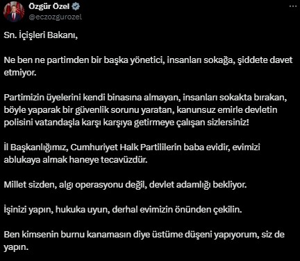 Bakan Yerlikaya 'Provokasyona müsaade yok' dedi, Özel'den yanıt geldi: Evimizin önünden çekilin