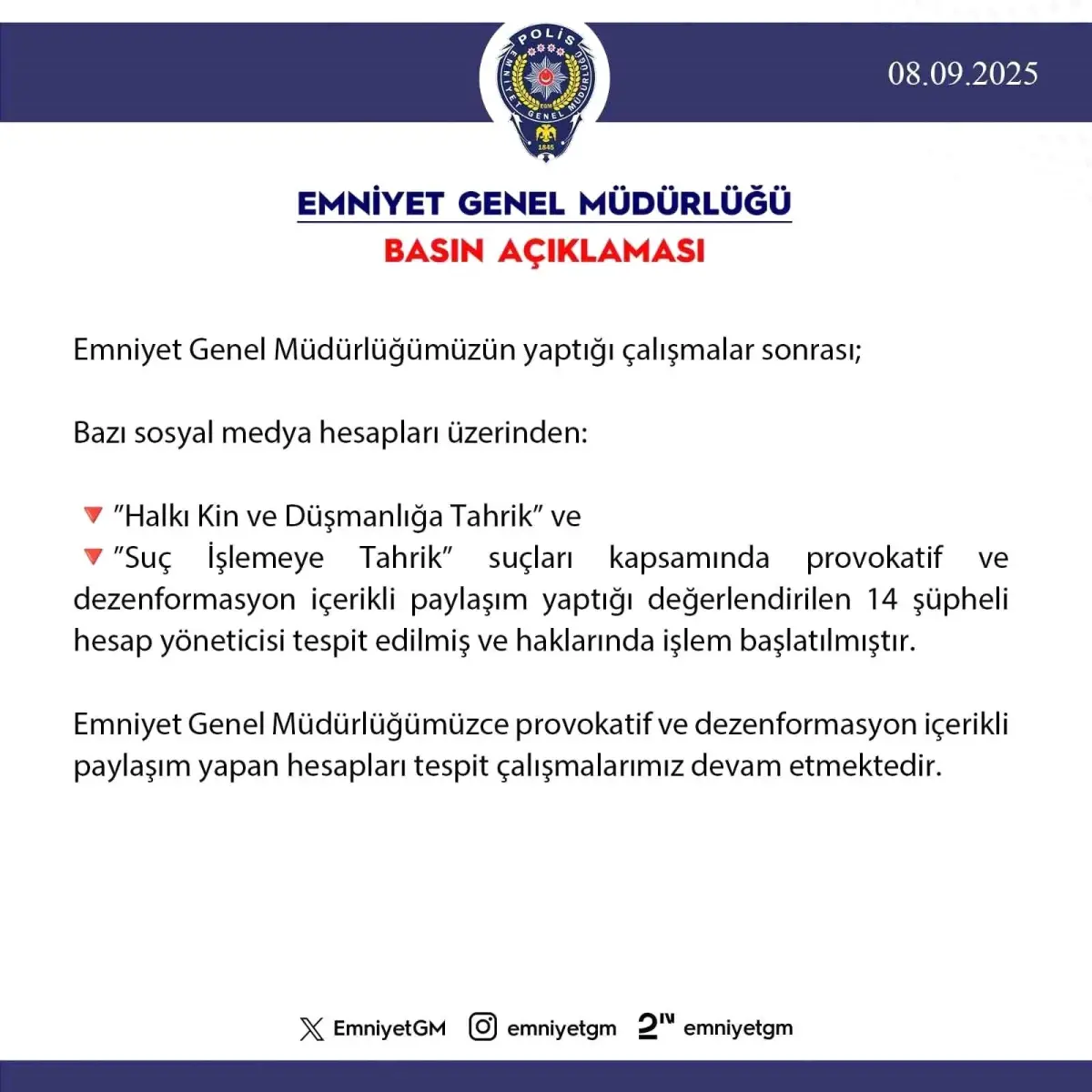 Dezenformasyon İçerikli 14 Hesap Yöneticisine İşlem Başlatıldı