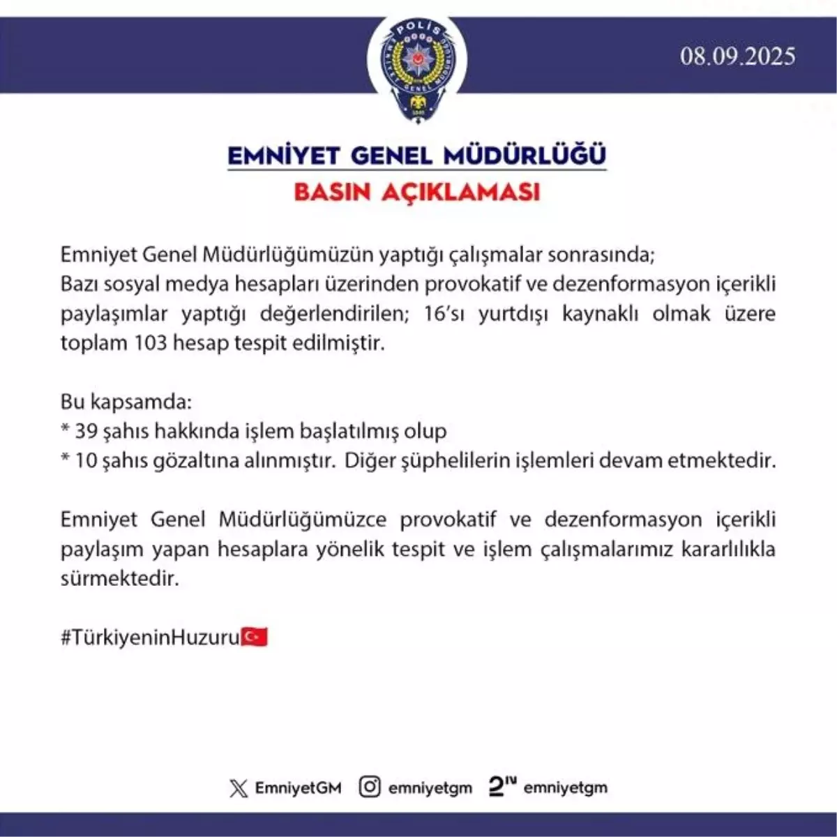 Emniyetten Provokatif Paylaşım Yapan 10 Kişi Tutuklandı