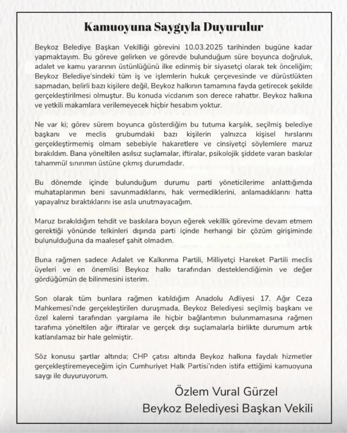 CHP'den İstifa Eden Beykoz Belediye Başkan Vekili Açıklamalarda Bulundu