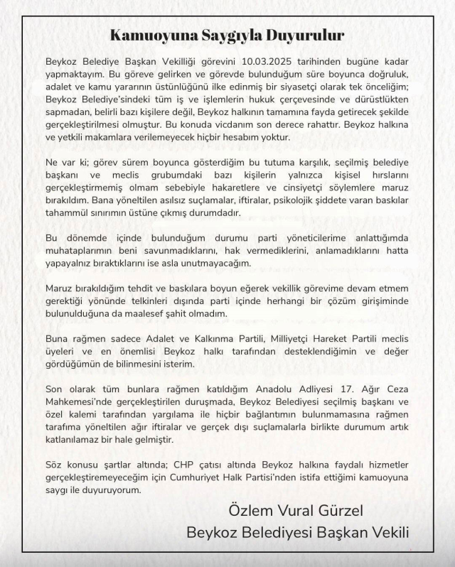 Deputy Mayor of Beykoz Özlem Vural Gürzel announced her resignation from the CHP