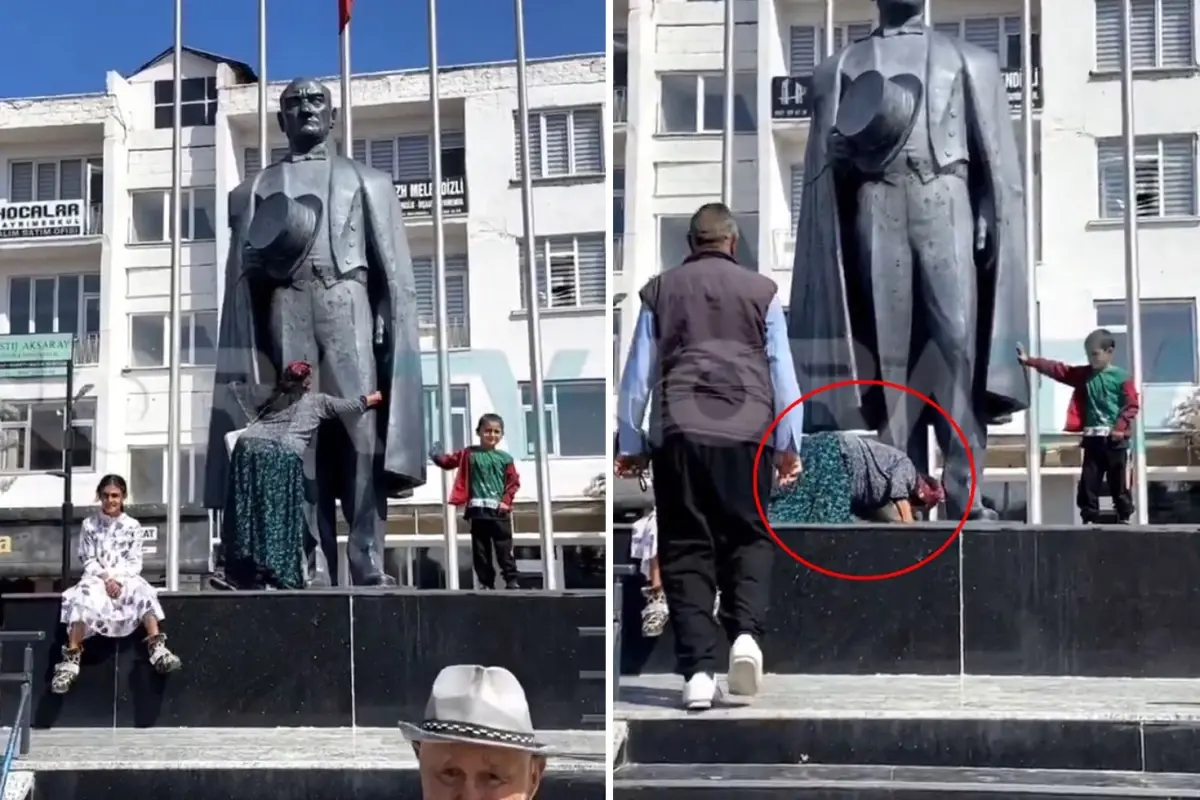 Atatürk heykeline sarıldı, yetmedi uzanıp ayaklarını öptü