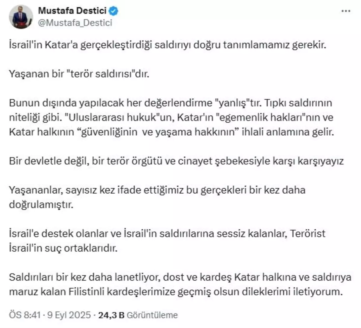 Destici: İsrail'in Katar'a Saldırıları Terör Saldırısıdır