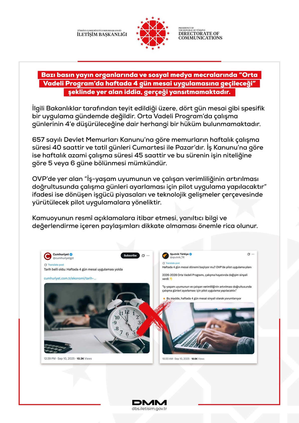 Haftada 4 Gün Mesai İddiaları Yalanlandı