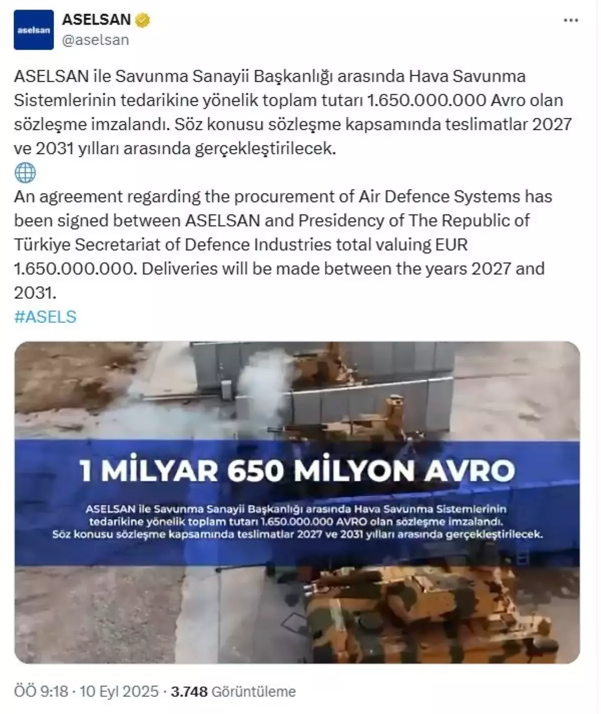 ASELSAN ve SSB Arasında 1,65 Milyar Avroluk Hava Savunma Sözleşmesi İmzalandı