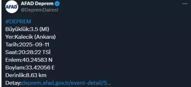 Ankara'da deprem mi oldu (Kalecik) 11 Eylül Perşembe?