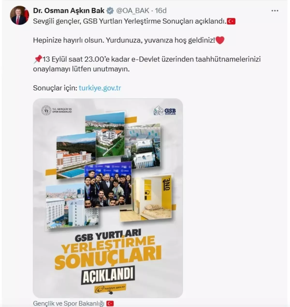 GSB Yurt Yerleştirme Sonuçları Açıklandı