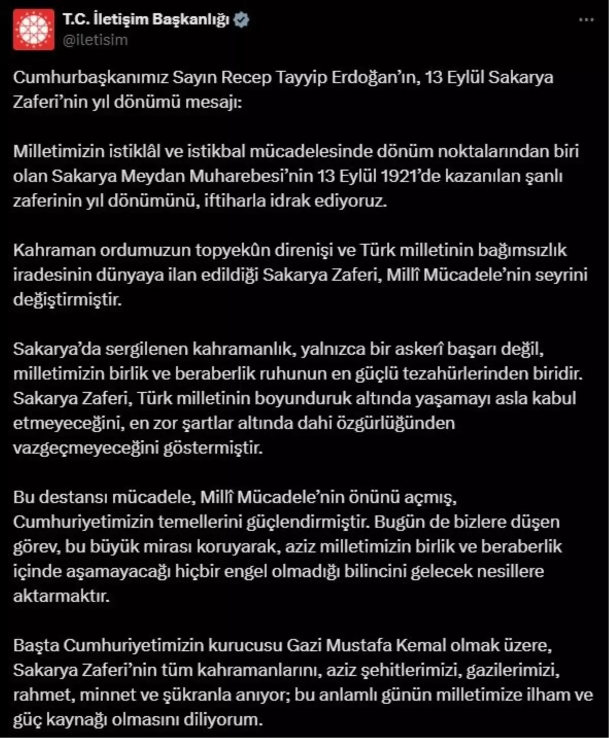 Cumhurbaşkanı Erdoğan'dan 13 Eylül Sakarya Zaferi mesajı