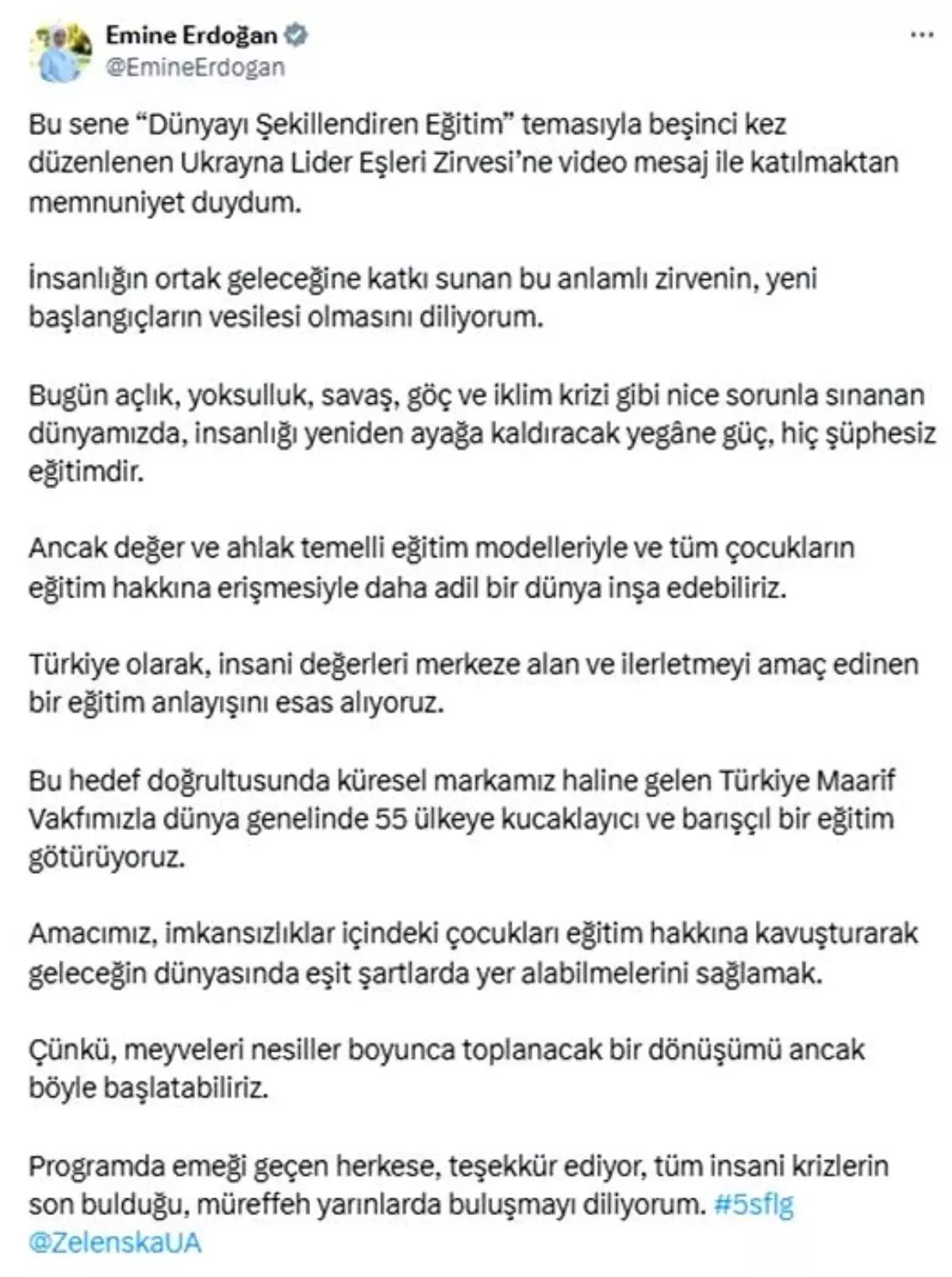 Emine Erdoğan, 5. Lider Eşleri Zirvesi'ne video mesaj gönderdi