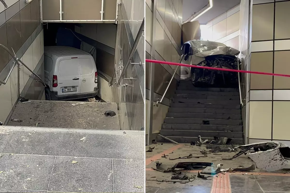 Lastiği patlayan araç metroya daldı, merdivenlerde sıkıştı